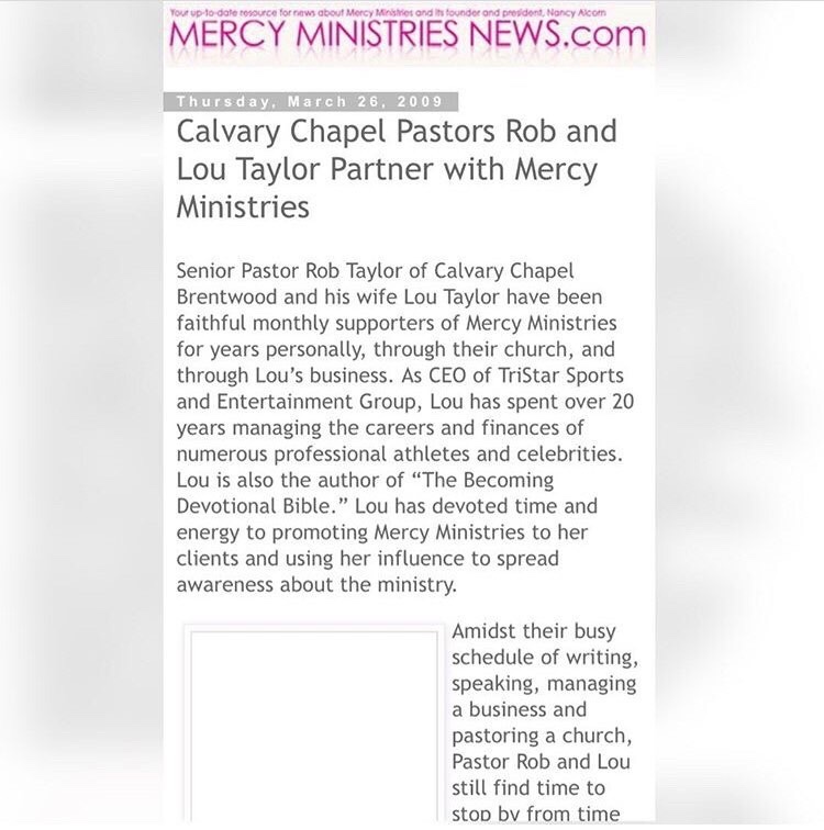 Mercy Ministries News Screenshot from 2009 titled "Calvary Chapel Pastors rob and Lou Taylor Partner With Mercy Ministries"