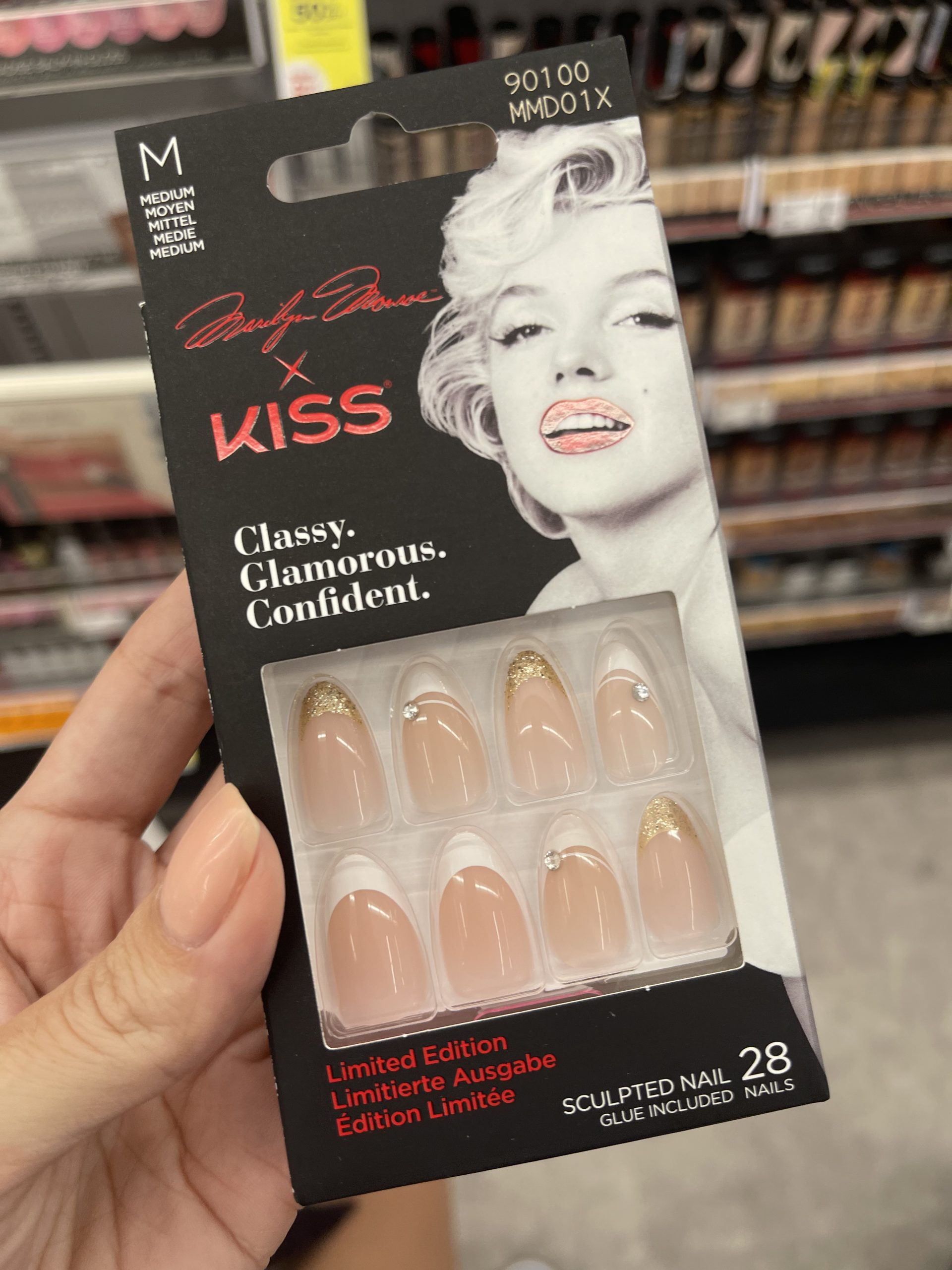 Marilyn Monroe x Kiss press on fingernails with a french manicure style, diamond embellishments and limited edition packaging with Marilyn Monroe on the box